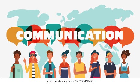 Group of young people with dialog speech bubbles. Communication, teamwork and connection vector concept