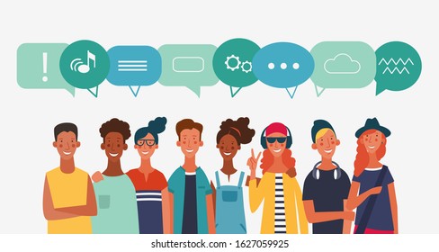 Group of young people with dialog speech bubbles. Communication, teamwork and connection vector concept