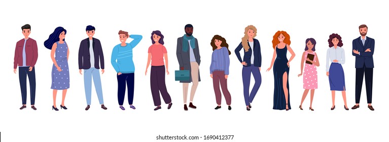 Group of young people of different races and cultures isolated on a white background. Flat cartoon characters set. Vector illustration.