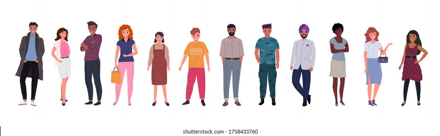 Group Of Young People Of Different Races And Cultures Isolated On A White Background. Flat Cartoon Characters Set. Vector Illustration.