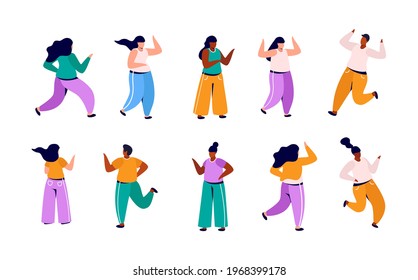 Group of young people of different races and cultures isolated on white background. Men and women dance, stand, move Flat cartoon characters. Vector illustration.