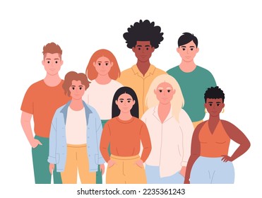 Group of young people of different races, appearances. Multicultural society. Social diversity of people in modern society. Hand drawn vector illustration