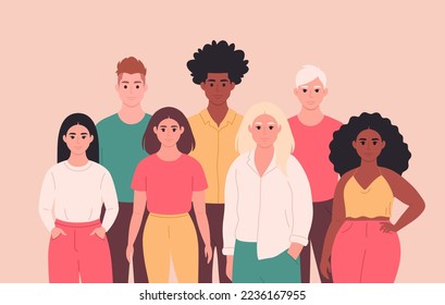 Group of young people of different races, appearances. Multicultural society. Social diversity of people in modern society. Hand drawn vector illustration