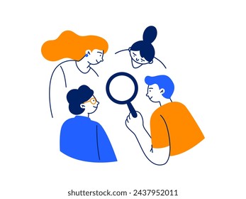 Un grupo de jóvenes hace investigación. Un equipo está haciendo observaciones con una lupa. Ilustración plana vectorial aislada sobre un fondo blanco.