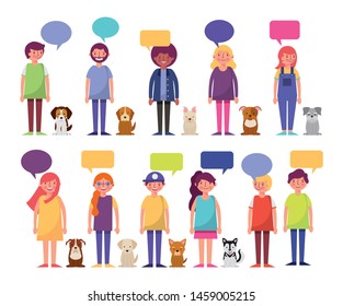 group of young people and dogs characters vector illustration design