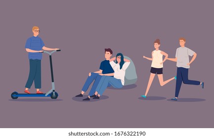 group of young people doing activities vector illustration design