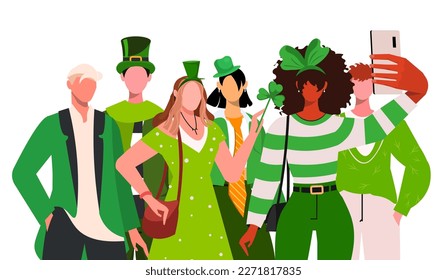 Gruppe junger Menschen, die sich auf einem Handy selbst machen. Menschen in Karnevalskostümen zum St. Patrick's Day. Flache Vektorgrafik einzeln auf weißem Hintergrund.