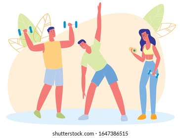 Group of Young People Doing Sports Exercises, Workout with Dumbbells, Gymnastics, Youth Healthy Lifestyle, Men and Women Sport Training Outdoors or in Gym Together Cartoon Flat Vector Illustration