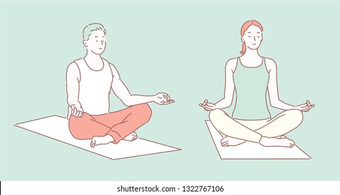 Group of young people doing yoga lotus pose in the class. Fitness, sport, training and yoga lifestyle concept. Hand drawn style vector design illustrations.Hand drawn style vector design illustrations