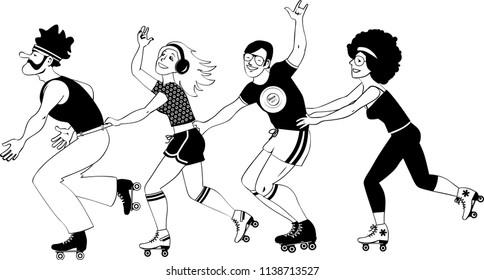 Group of young people dressed in 1970s fashion roller skating, EPS 8 vector line illustration, no white objects