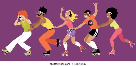 Group of young people dressed in 1970s fashion roller skating, EPS 8 vector illustration