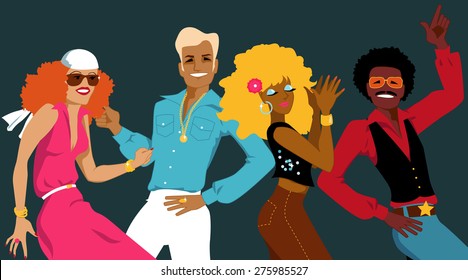 Group Of Young People Dressed In 1970s Fashion Dancing Disco, EPS 8