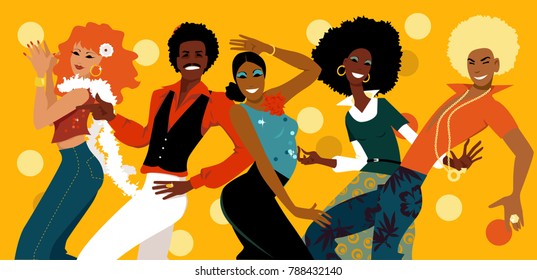 Group of young people dressed in 1970s fashion dancing in a disco club, EPS 8 vector illustration