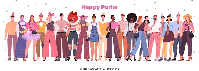 A group of young people dressed in brightly colored carnival clothes stand together and celebrate Purim, a Jewish holiday. Happy Purim.  Flat vector illustration isolated on white background.