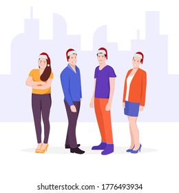 Group of young people dressed in Christmas hats. Flat Vector Illustration