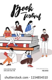 Group of young people dressed in trendy clothing sitting on pile of giant books or beside it and reading. Colored vector illustration for literary or writers festival advertisement, promotion