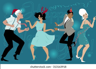 Group of young people dressed vintage fashion dancing celebrating New Year in the club, vector illustration, EPS 8, no transparencies, no mesh