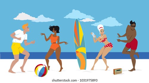 Group Of Young People In Early 1960s Swimsuits Dancing The Twist On The Beach, EPS 8 Vector Illustration