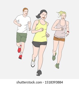 a group of young people engaged in Jogging. race walking. healthy lifestyle. Hand drawn style vector illustration design.
