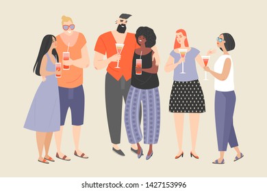 A group of young people enjoying cocktails. Boys and girls at the party. Vector characters