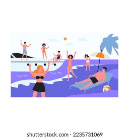 Group of young people enjoying party at seaside. Cartoon vector illustration. Men and women in swimsuits chilling on yacht and summer beach. Sea resort, vacation, summer concept