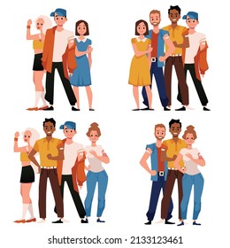 Group of young people get vaccinated for COVID. Black and white male and female show arm with bandage after covid vaccination. Cartoon flat vector illustration set.