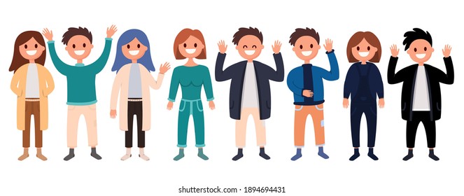 Group of young people girls and boys. Dressed in fashionable things, standing still, in socks, without shoes, everyone is smiling and happy. Set of 8 characters. Vector Illustrator