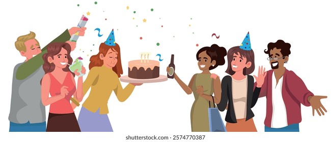 group of young people happy and celebrating a birthday, vector illustration.