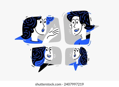 Group of young people having a discussion online via messenger, vector illustration of remote team in a conversation or brainstorm, business and work or webinar.