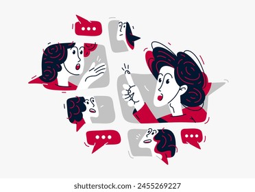 Group of young people having a discussion online via messenger, vector illustration of remote team in a conversation or brainstorm, business and work or webinar.