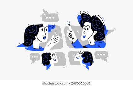 Grupo de jóvenes que tienen una discusión en línea a través de mensajería, Ilustración vectorial de un equipo remoto en una conversación o lluvia de ideas, negocios y trabajo o seminario web.