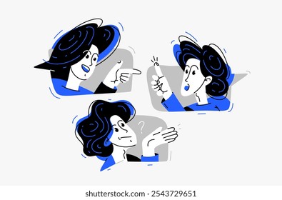 Group of young people having a discussion online via messenger, vector illustration of remote team in a conversation or brainstorm, business and work or webinar.