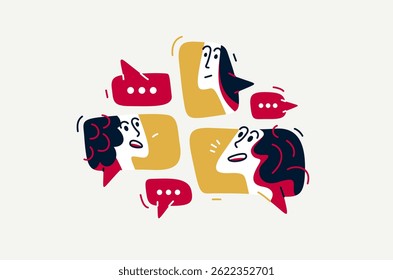 Grupo de jovens tendo uma discussão online via messenger, ilustração vetorial de equipe remota em uma conversa ou brainstorm, negócios e trabalho ou webinar.