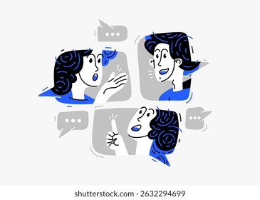 Grupo de jovens tendo uma discussão online via messenger, ilustração vetorial de equipe remota em uma conversa ou brainstorm, negócios e trabalho ou webinar.
