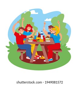A group of young people are having fun on a picnic in nature, sitting at a table, taking a selfie and smiling. Vector illustration, cartoon characters, stylized, isolated on white