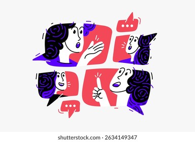 Grupo de jovens tendo uma videoconferência on-line, ilustração vetorial de conversação on-line e brainstorming, negócios e trabalho ou webinar.