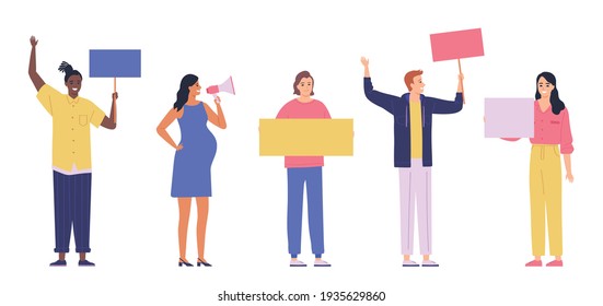 Group of young people are holding banners and placards. Men and women at the rally. Characters isolated on white background. Flat cartoon vector illustration