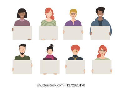 group of young people holding blank banner while smiling. flat simple cute cartoon style vector illustration