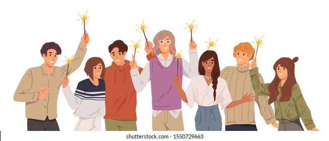 Group of young people holding burning sparklers on white background. Friends celebrate Christmas together. Happy men and women on New Year corporate party. Vector illustration in flat cartoon style.