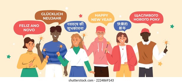 Group of young people holding burning sparklers on yellow background. People say Happy new year on different lenguage. Friends celebrate Christmas together. Vector happy character set concept