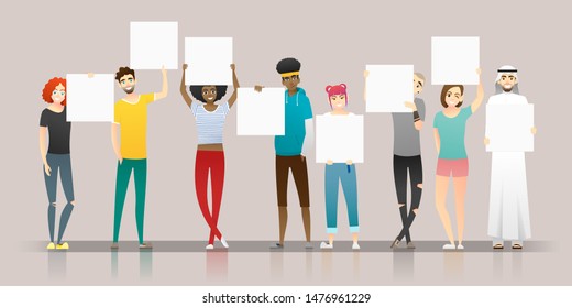 Group of young people holding empty boards , vector , illustration