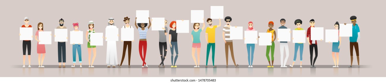 Group of young people holding empty boards , vector , illustration