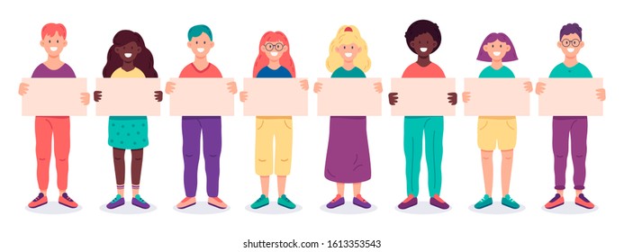 Group of young people holding empty banners. Smiling male and female characters demonstrating empty placards isolated vector illustration set