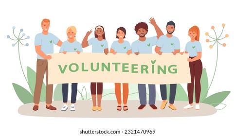 Group of young people holding poster with volunteer slogan and take picture together. Happy volunteers working together. Help and care for people in need concept. Flat vector illustration