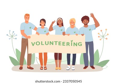 Group of young people holding poster and taking pictures. Happy volunteers working together. Help and care for people in need concept. Flat vector illustration in cartoon style