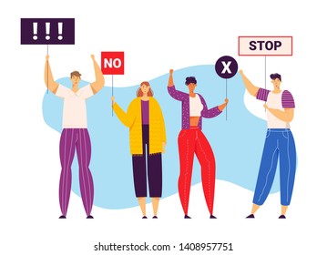 Group of Young People Holding Protest Signs on the Strike. Crowd Protesting Characters with Placards on Demonstration, Strike Action, Political Rally. Vector flat illustration