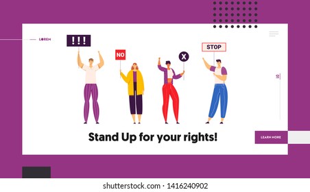 Group of Young People Holding Protest Signs on the Strike Landing Page Template. Crowd Protesting Characters with Placards on Demonstration, Strike Action, Political Rally Banner. Vector illustration