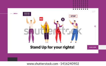 Group of Young People Holding Protest Signs on the Strike Landing Page Template. Crowd Protesting Characters with Placards on Demonstration, Strike Action, Political Rally Banner. Vector illustration