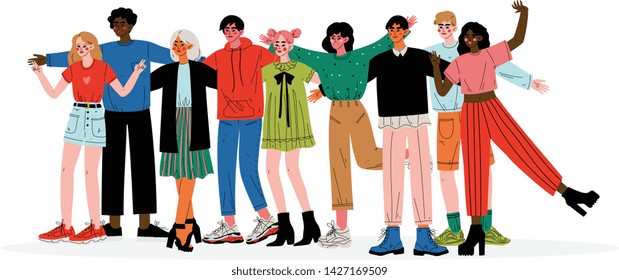 Group of Young People Hugging, Male and Female Friends of Different Nationalities Standing Together Vector Illustration