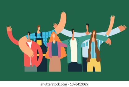 Group of young people hugging and waving. Happy students isolated on green background. Flat cartoon vector illustratio